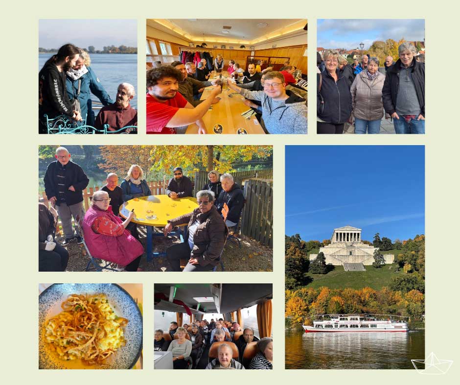 Eindrücke vom Ausflug nach Regensburg: beim Mittagessen, am Schiff, Blick auf die Walhalla © Feilitzsch Sozialwerk