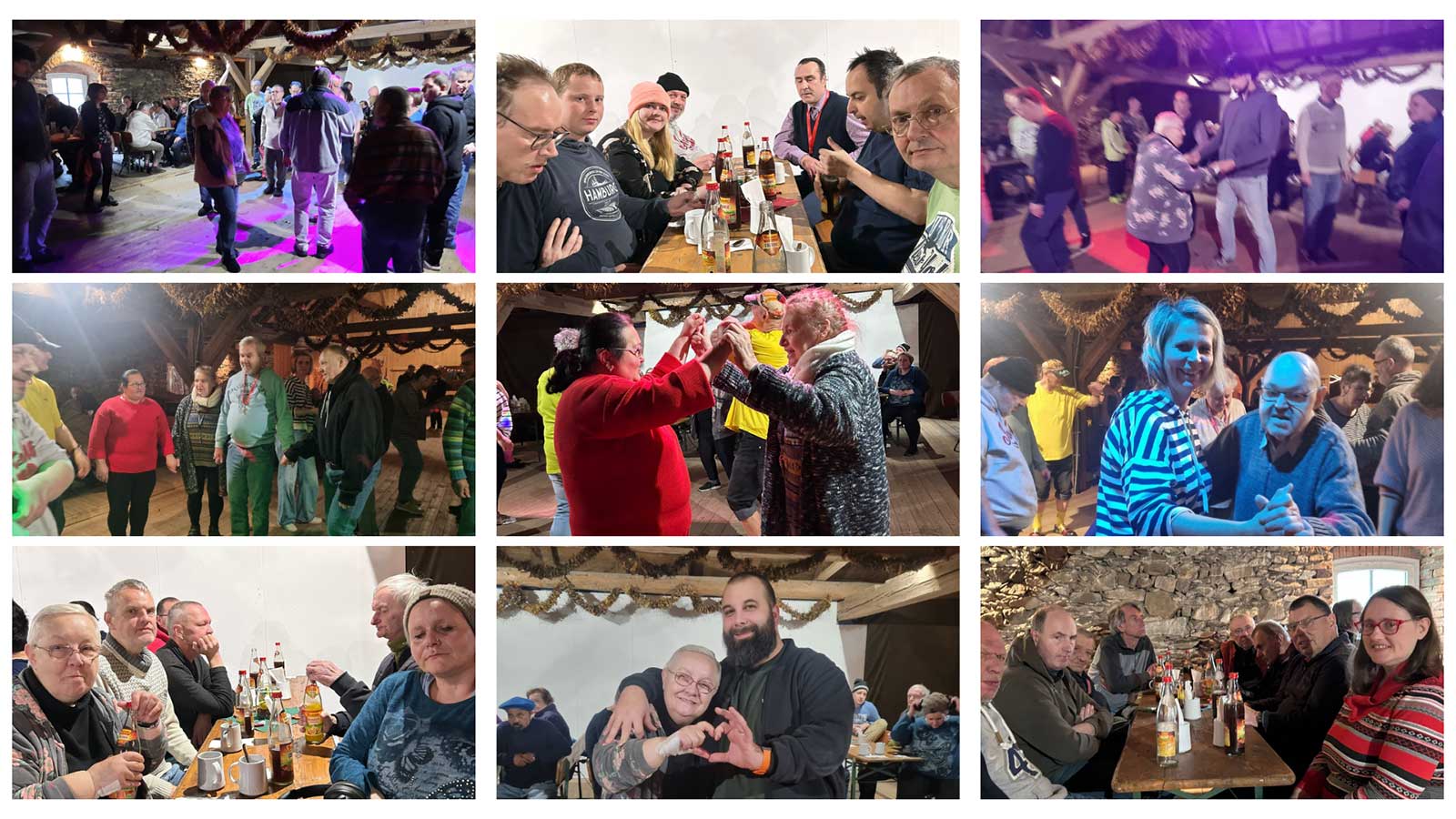 Eindrücke von der Kärwa 2025: Menschen tanzen, sitzen an Tischen, essen und trinken zusammen © Feilitzsch Sozialwerk